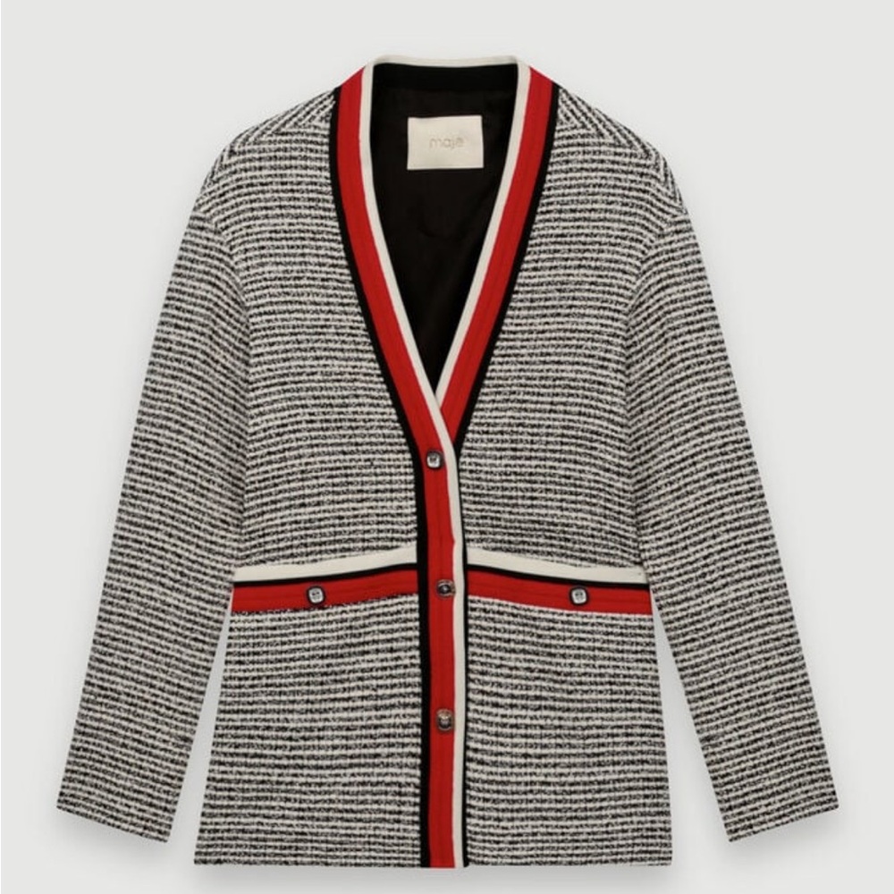 Maje Tweed Effect Cardigan Jacket Colourful Bands